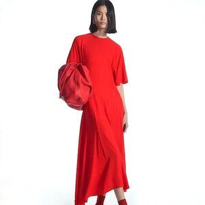 COS Asymmetric Draped Midi Dress Flared Sleeves Tomato Red